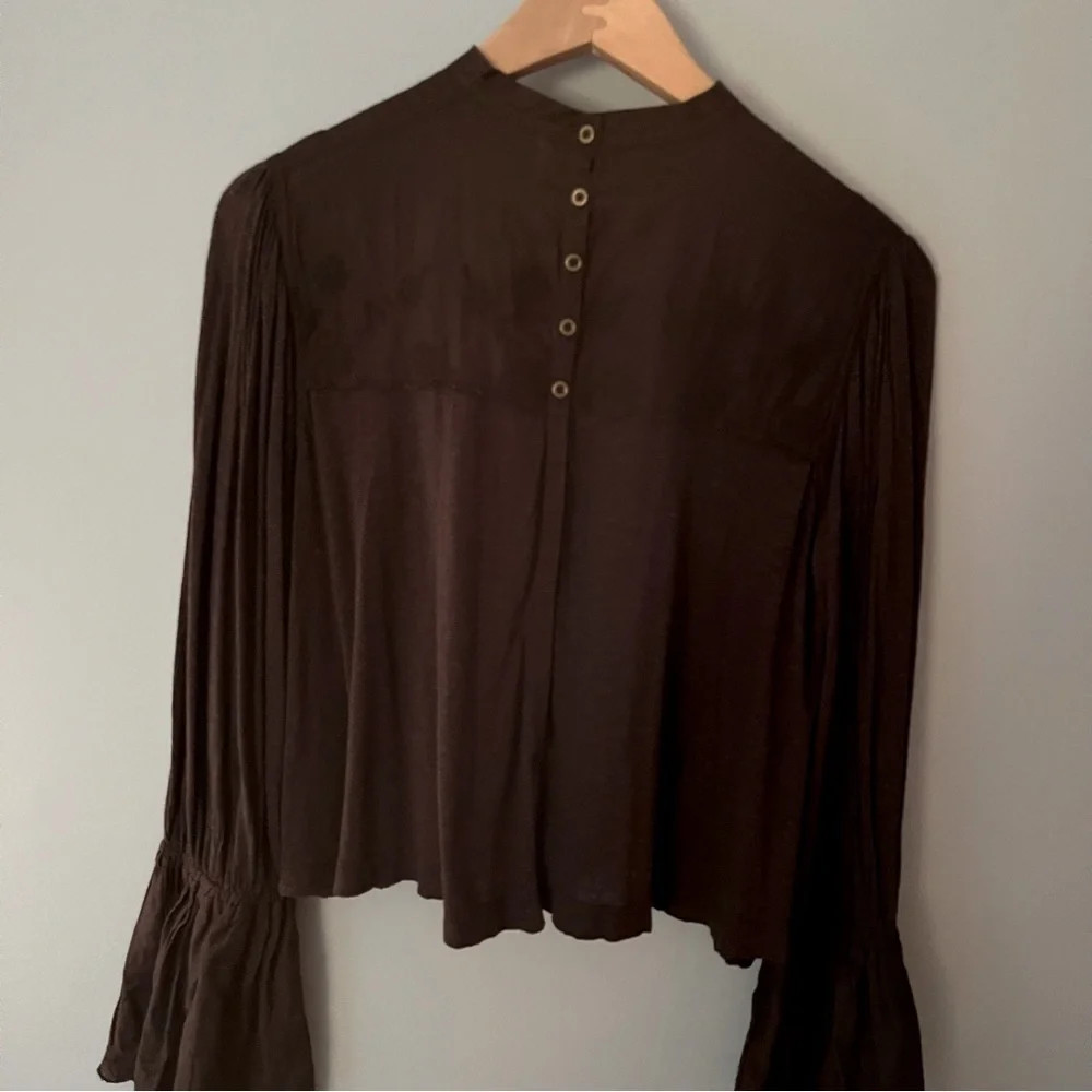 FREE PEOPLE Boho Femme Fatale Embroidered Long Sleeve Top - Anthracite